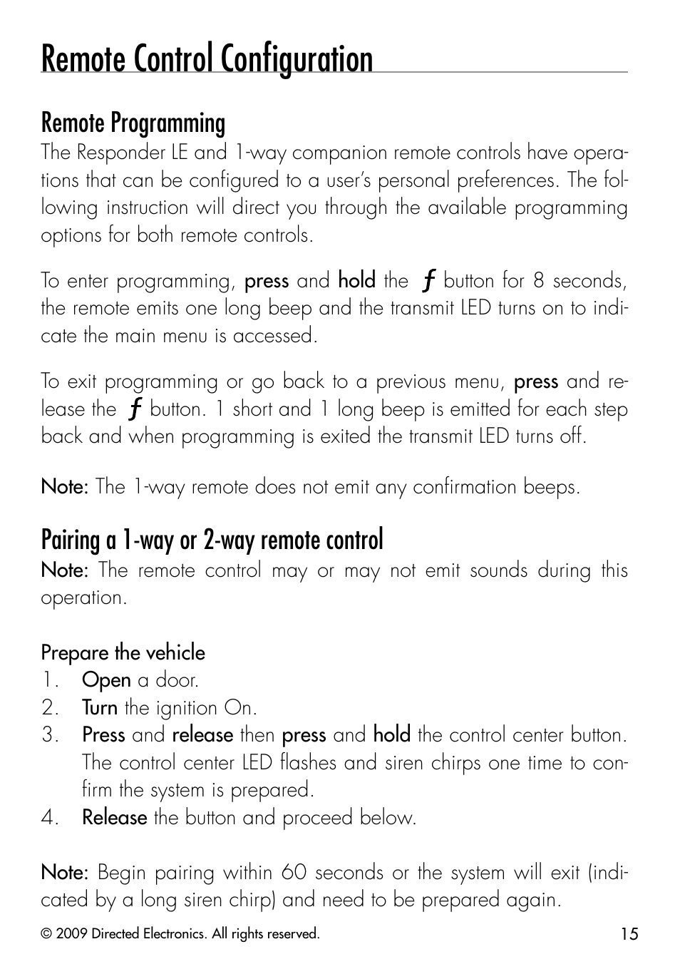 Remote control conﬁguration, Remote programming, Pairing a 1-way or 2-way remote control | Directed Electronics VIPER 3203 User Manual | Page 18 / 41