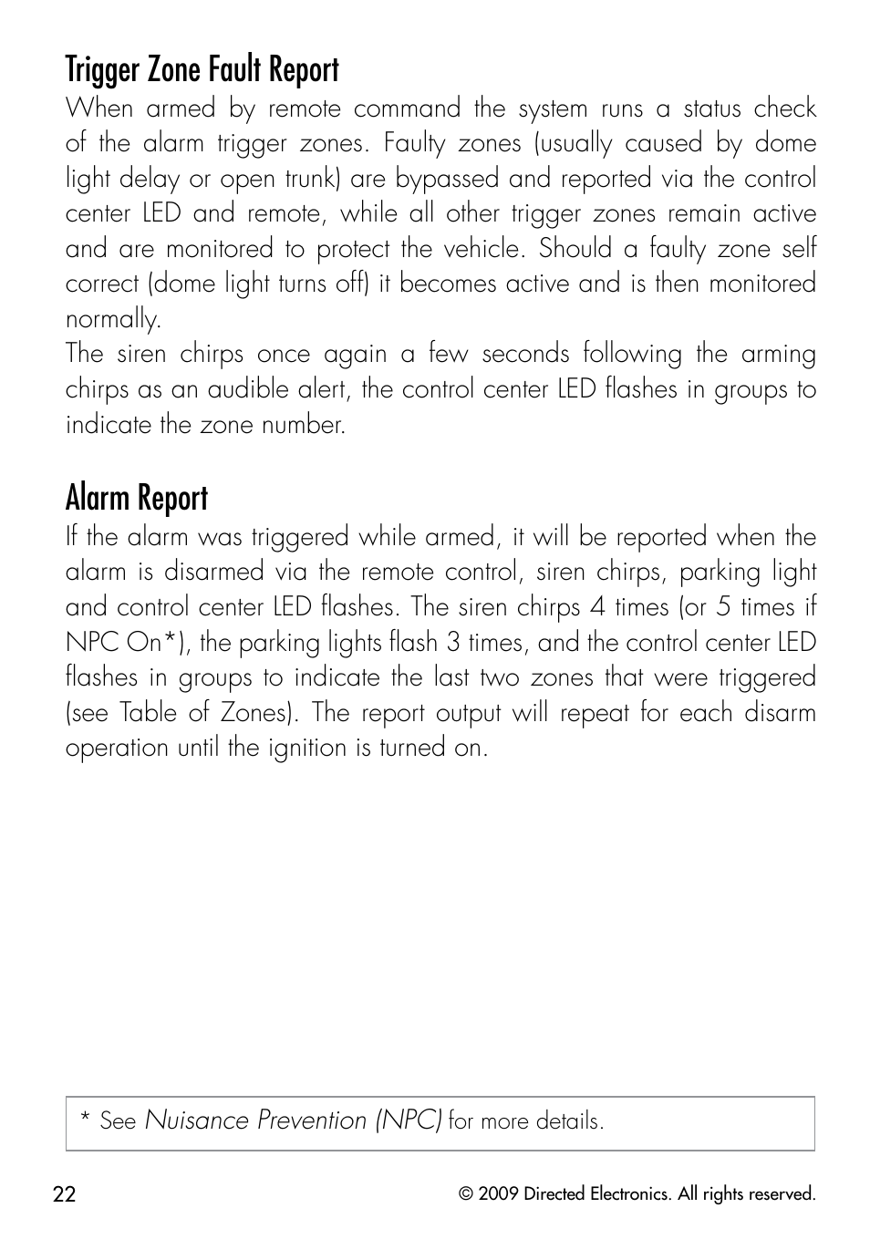 Trigger zone fault report, Alarm report | Directed Electronics VIPER 3203 User Manual | Page 25 / 41