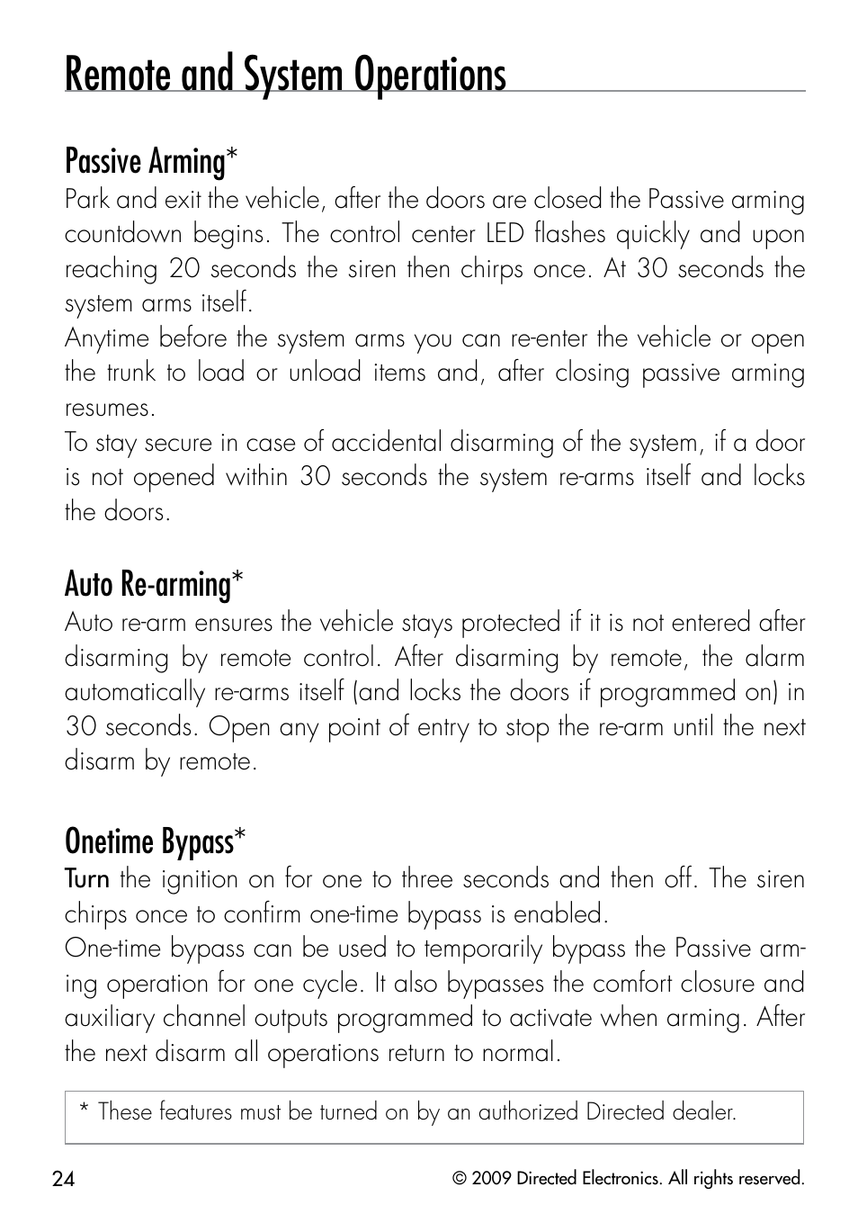 Remote and system operations, Passive arming, Auto re-arming | Onetime bypass | Directed Electronics VIPER 3203 User Manual | Page 27 / 41