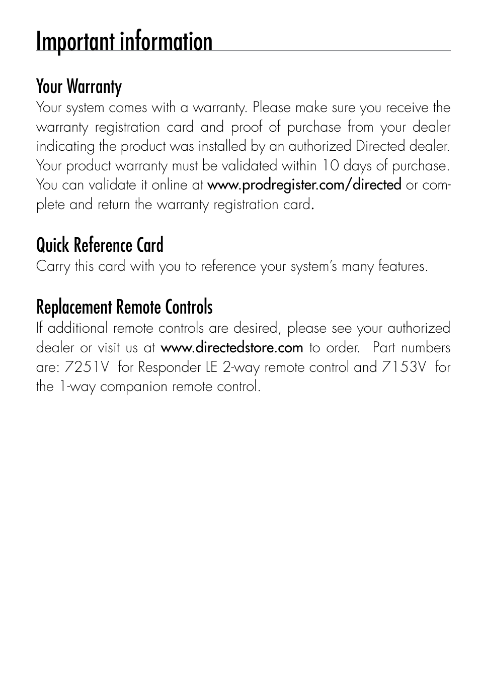 Important information | Directed Electronics VIPER 3203 User Manual | Page 3 / 41