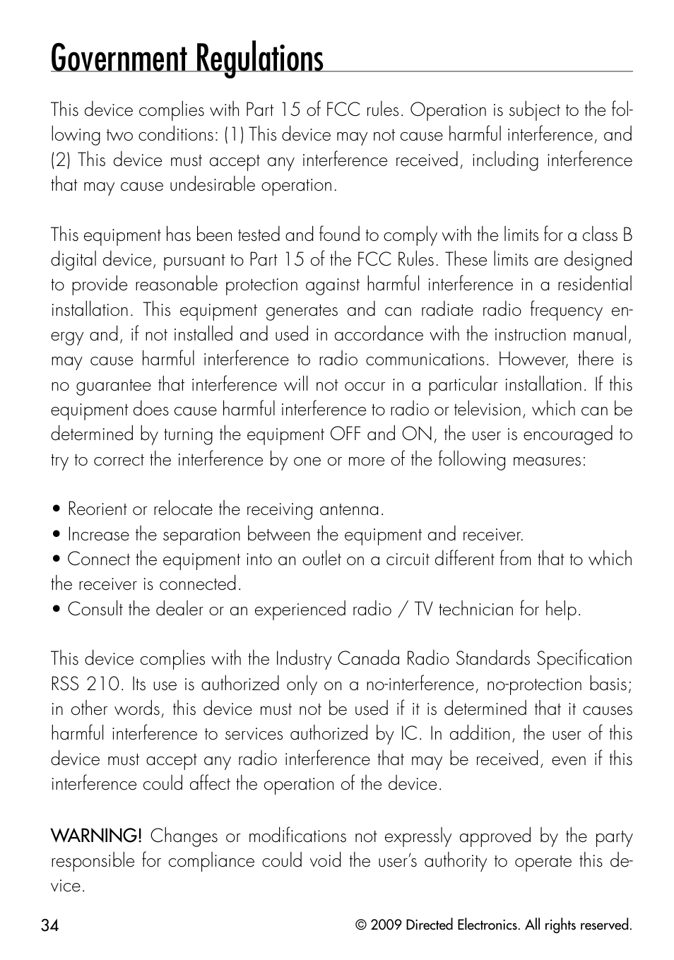 Government regulations | Directed Electronics VIPER 3203 User Manual | Page 37 / 41