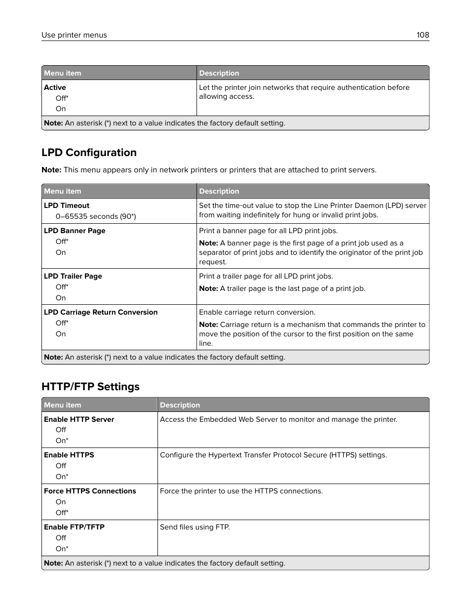 Lpd configuration, Http/﻿ftp settings, Lpd conﬁguration | Http/ftp settings | Lexmark MC3224dwe Multifunction Color Laser Printer User Manual | Page 108 / 221