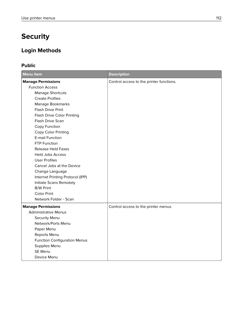 Security, Login methods, Public | Lexmark MC3224dwe Multifunction Color Laser Printer User Manual | Page 112 / 221