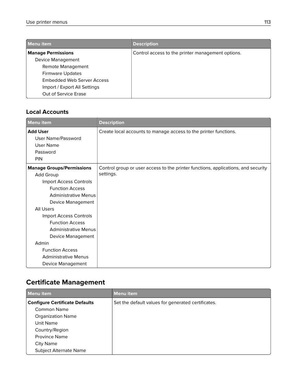 Local accounts, Certificate management, Certiﬁcate management | Lexmark MC3224dwe Multifunction Color Laser Printer User Manual | Page 113 / 221