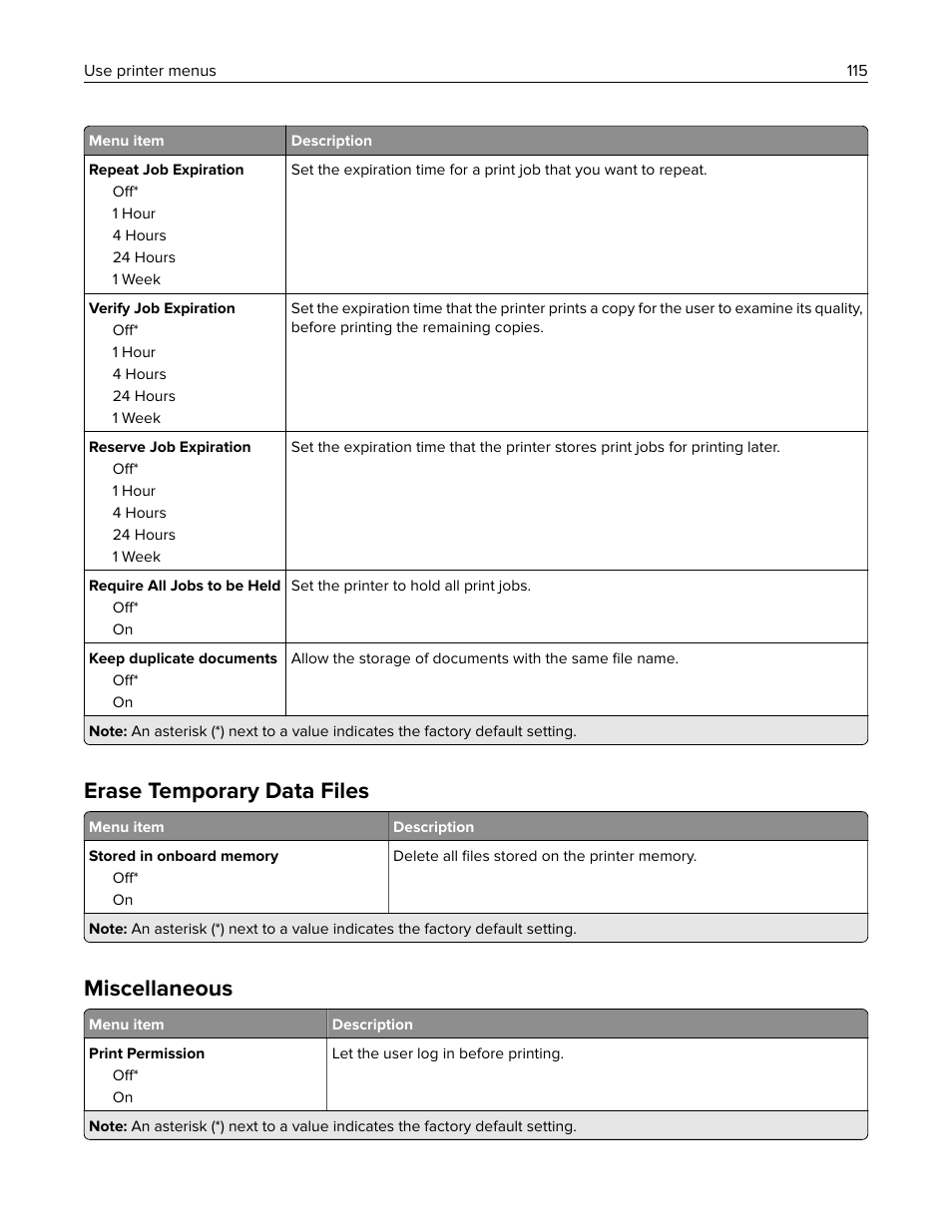 Erase temporary data files, Miscellaneous | Lexmark MC3224dwe Multifunction Color Laser Printer User Manual | Page 115 / 221