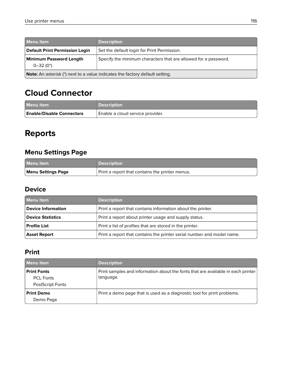 Cloud connector, Reports, Device | Print, Menu settings page | Lexmark MC3224dwe Multifunction Color Laser Printer User Manual | Page 116 / 221