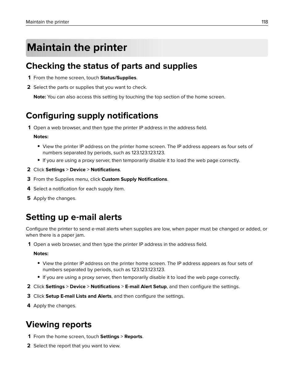 Maintain the printer, Checking the status of parts and supplies, Configuring supply notifications | Setting up e-mail alerts, Viewing reports, Conﬁguring supply notiﬁcations, Setting up e, Mail alerts, Setting up e ‑ mail alerts | Lexmark MC3224dwe Multifunction Color Laser Printer User Manual | Page 118 / 221