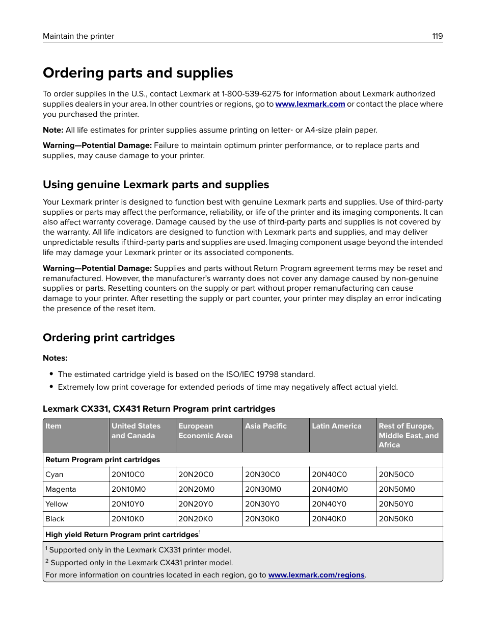 Ordering parts and supplies, Using genuine lexmark parts and supplies, Ordering print cartridges | Lexmark MC3224dwe Multifunction Color Laser Printer User Manual | Page 119 / 221