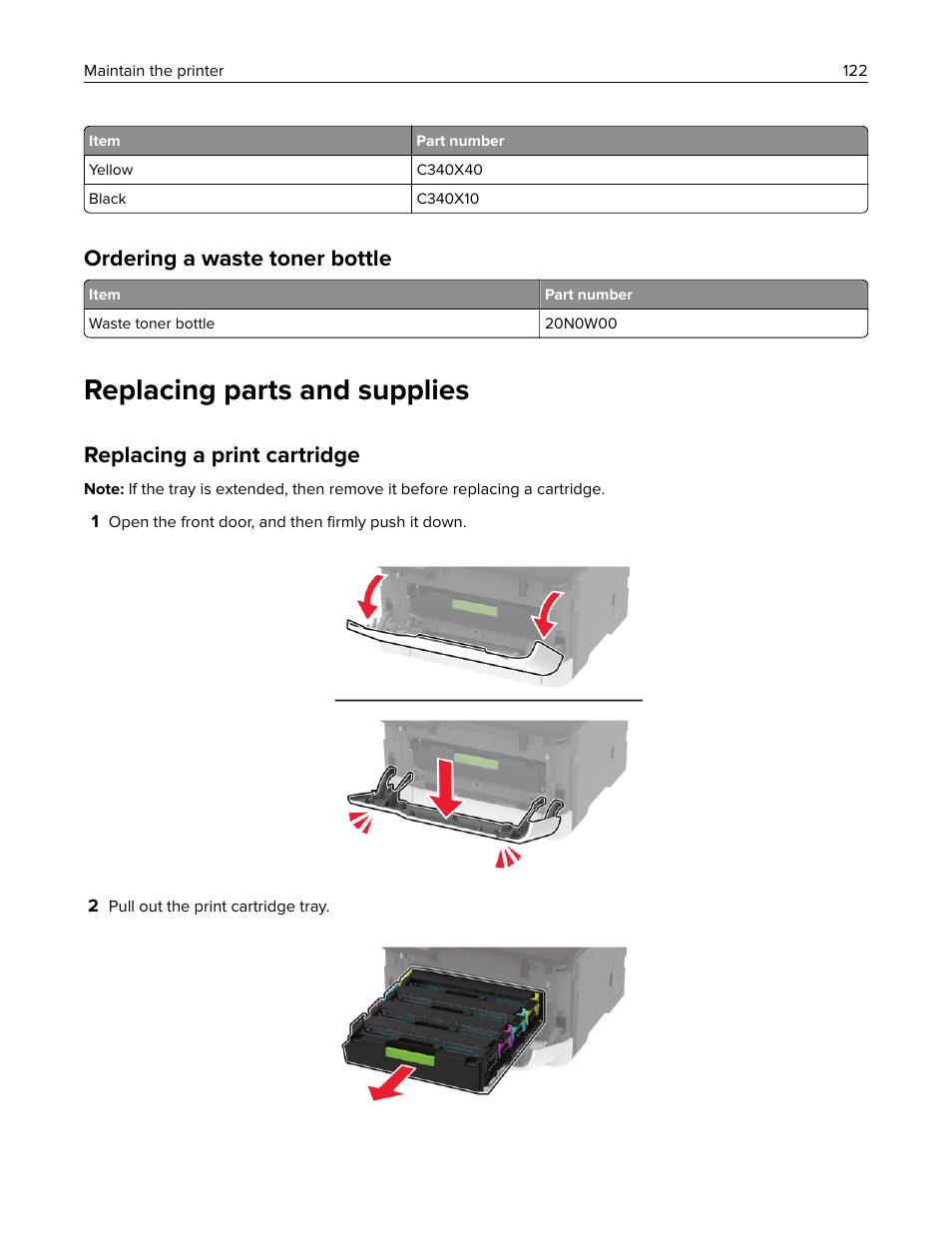 Ordering a waste toner bottle, Replacing parts and supplies, Replacing a print cartridge | Lexmark MC3224dwe Multifunction Color Laser Printer User Manual | Page 122 / 221