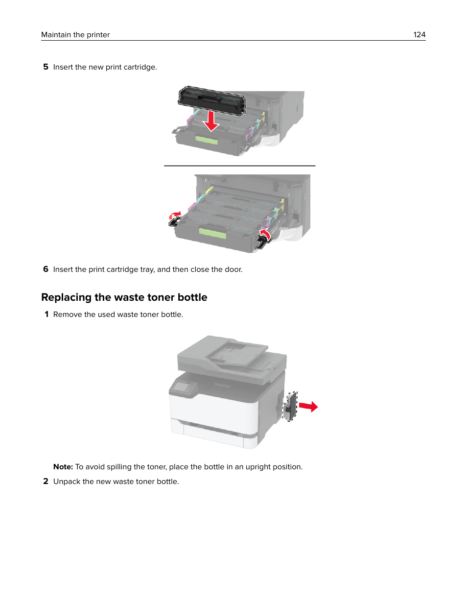 Replacing the waste toner bottle | Lexmark MC3224dwe Multifunction Color Laser Printer User Manual | Page 124 / 221