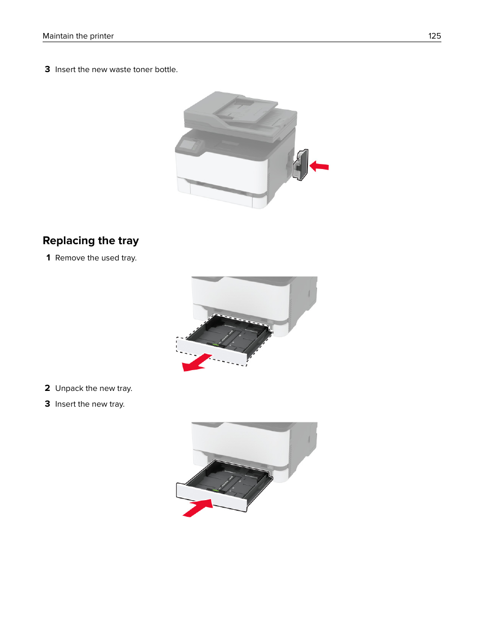 Replacing the tray | Lexmark MC3224dwe Multifunction Color Laser Printer User Manual | Page 125 / 221