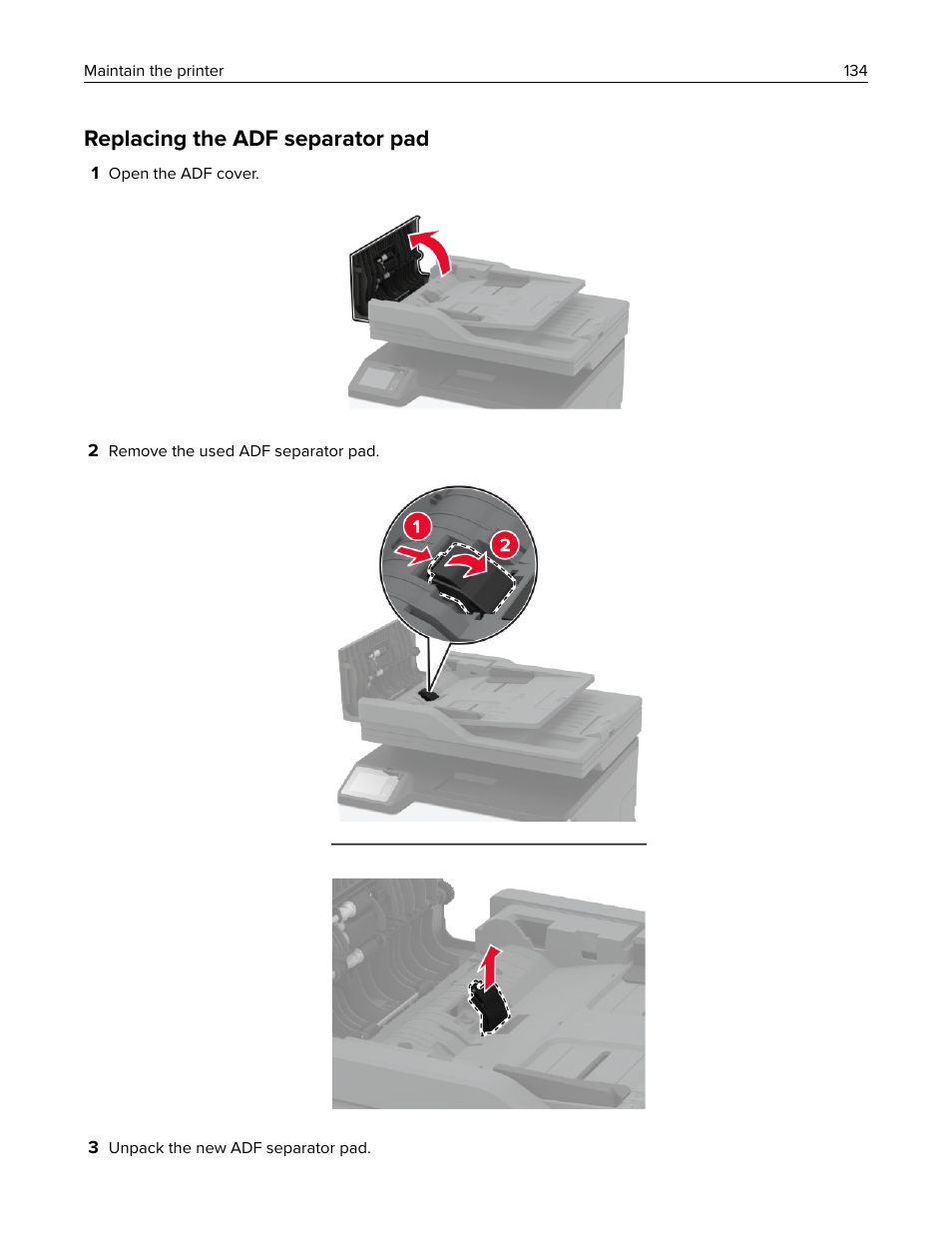 Replacing the adf separator pad | Lexmark MC3224dwe Multifunction Color Laser Printer User Manual | Page 134 / 221