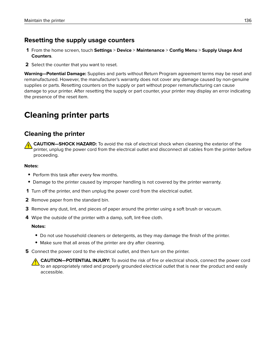 Resetting the supply usage counters, Cleaning printer parts, Cleaning the printer | Lexmark MC3224dwe Multifunction Color Laser Printer User Manual | Page 136 / 221