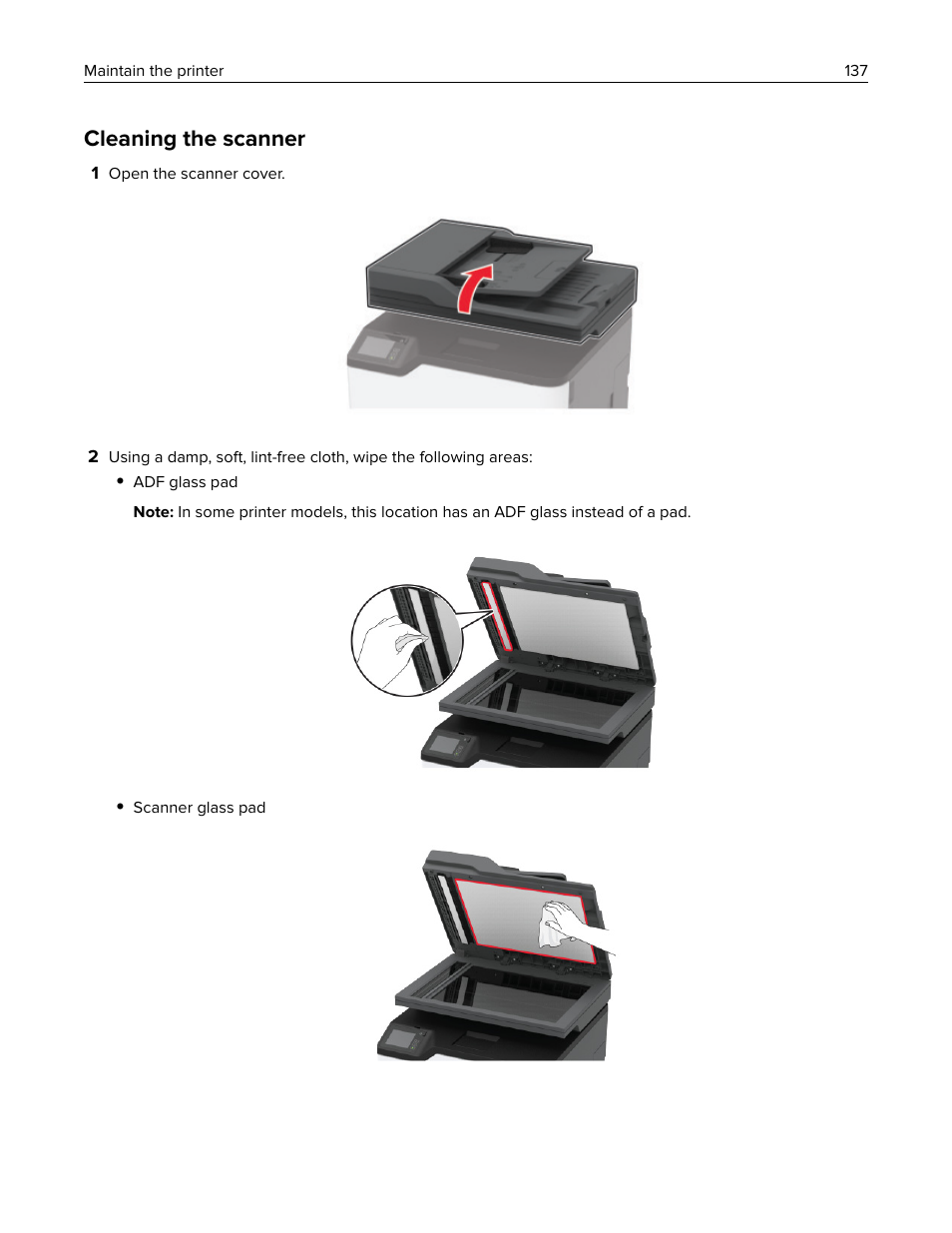 Cleaning the scanner | Lexmark MC3224dwe Multifunction Color Laser Printer User Manual | Page 137 / 221