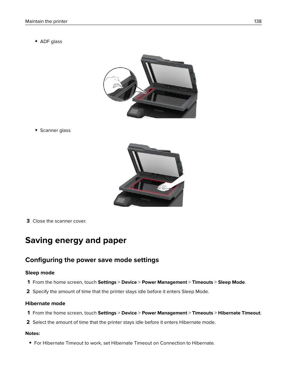 Saving energy and paper, Configuring the power save mode settings, Conﬁguring the power save mode settings | Lexmark MC3224dwe Multifunction Color Laser Printer User Manual | Page 138 / 221