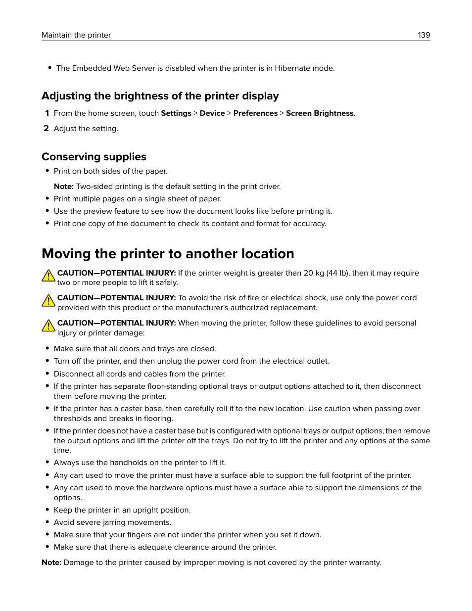 Adjusting the brightness of the printer display, Conserving supplies, Moving the printer to another location | Lexmark MC3224dwe Multifunction Color Laser Printer User Manual | Page 139 / 221