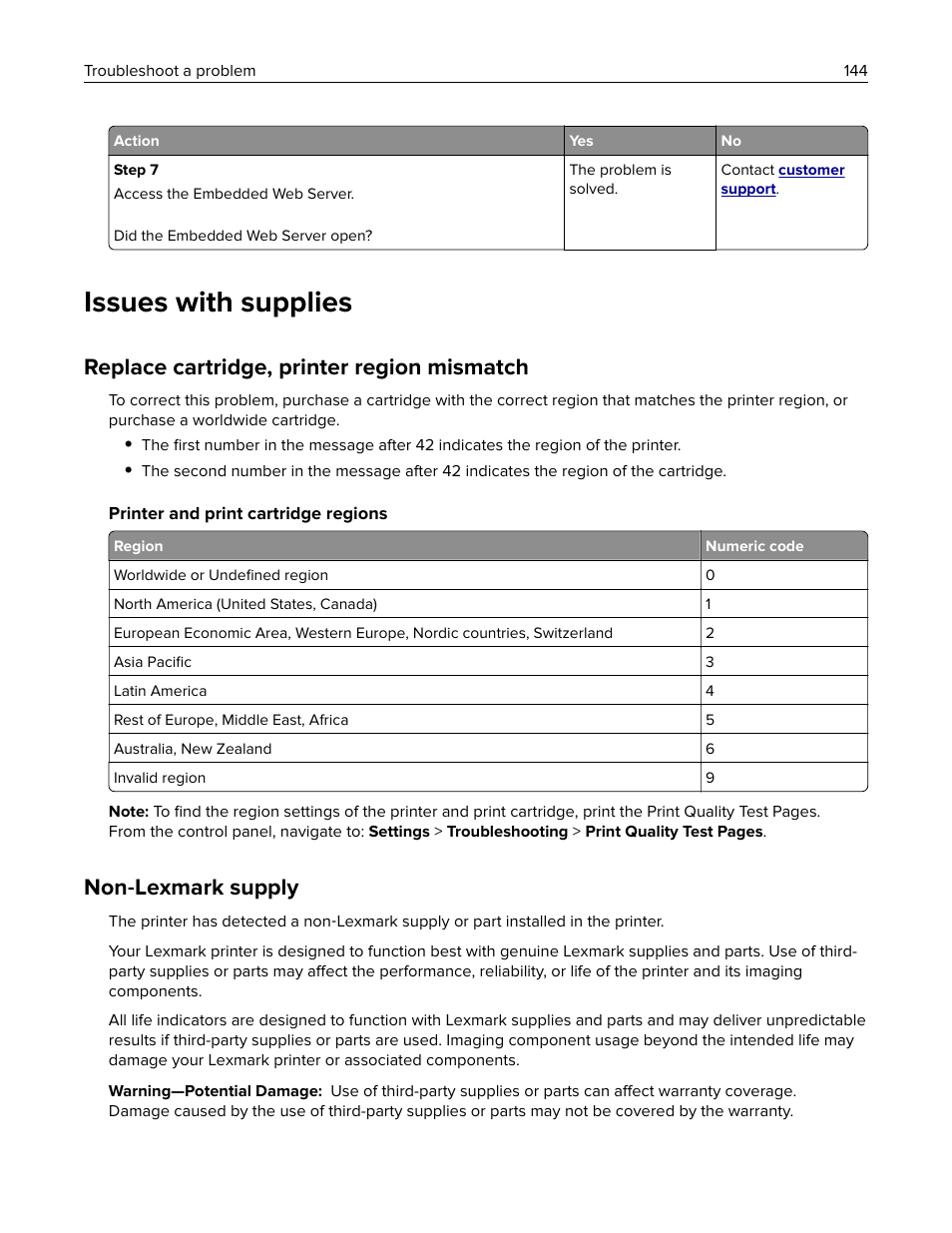 Issues with supplies, Replace cartridge, printer region mismatch, Non-lexmark supply | Non ‑ lexmark supply | Lexmark MC3224dwe Multifunction Color Laser Printer User Manual | Page 144 / 221