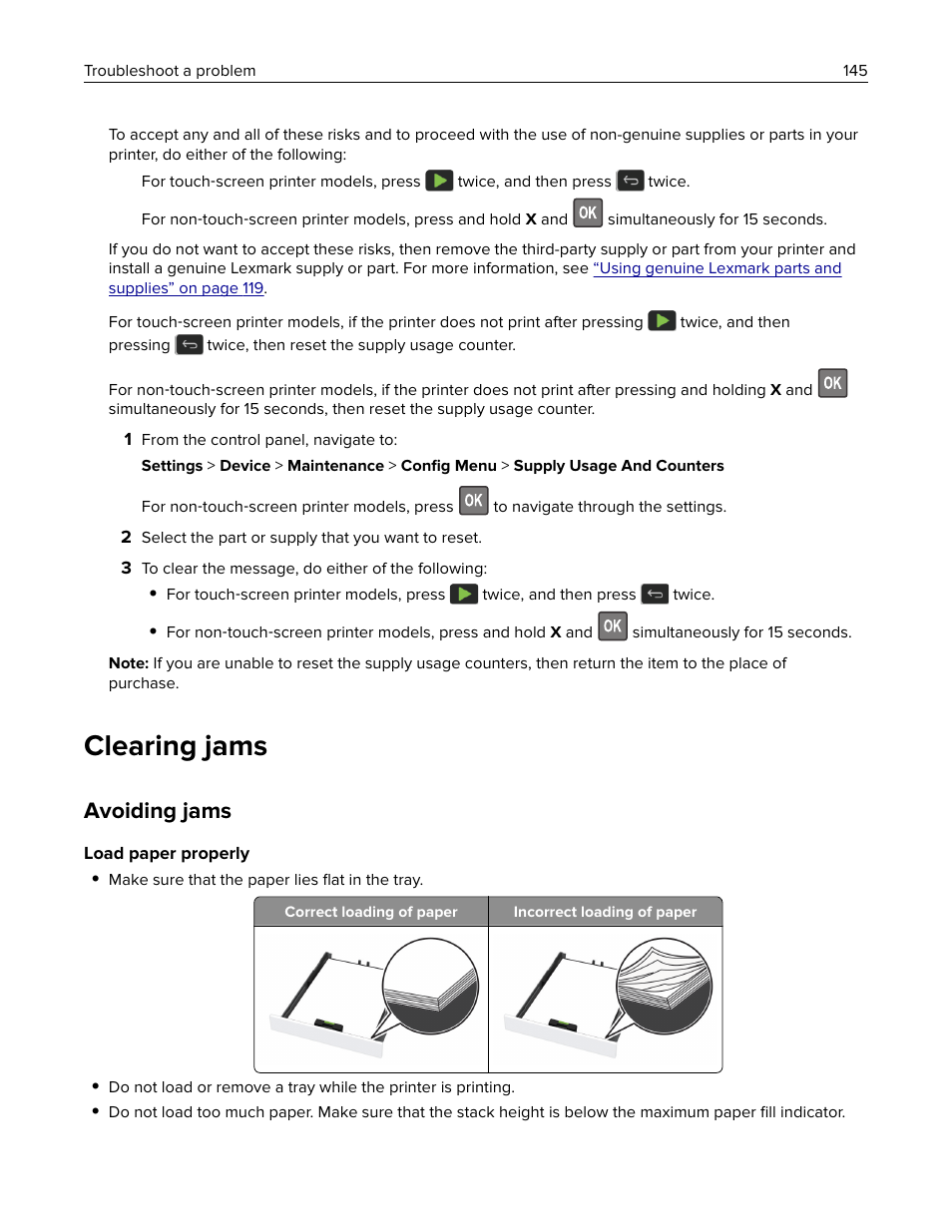 Clearing jams, Avoiding jams | Lexmark MC3224dwe Multifunction Color Laser Printer User Manual | Page 145 / 221