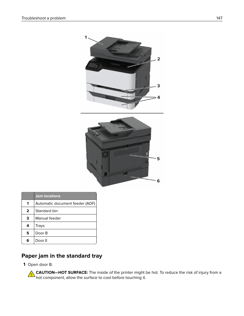 Paper jam in the standard tray | Lexmark MC3224dwe Multifunction Color Laser Printer User Manual | Page 147 / 221