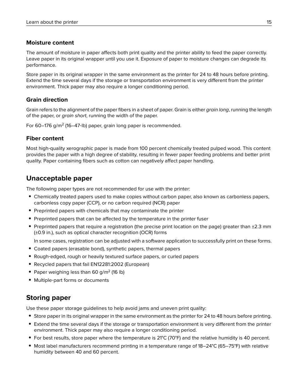 Unacceptable paper, Storing paper | Lexmark MC3224dwe Multifunction Color Laser Printer User Manual | Page 15 / 221