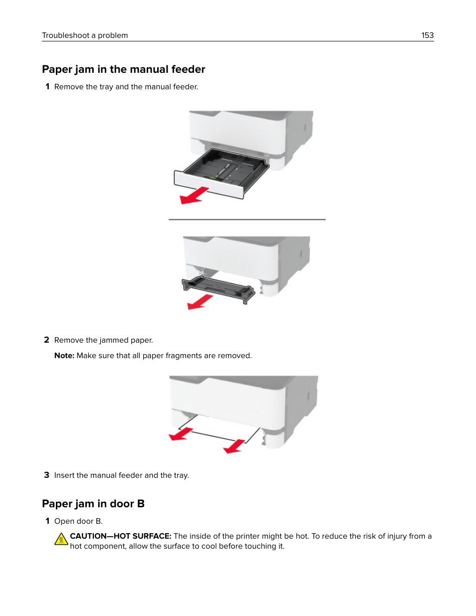 Paper jam in the manual feeder, Paper jam in door b | Lexmark MC3224dwe Multifunction Color Laser Printer User Manual | Page 153 / 221