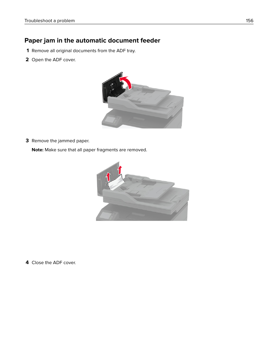 Paper jam in the automatic document feeder | Lexmark MC3224dwe Multifunction Color Laser Printer User Manual | Page 156 / 221