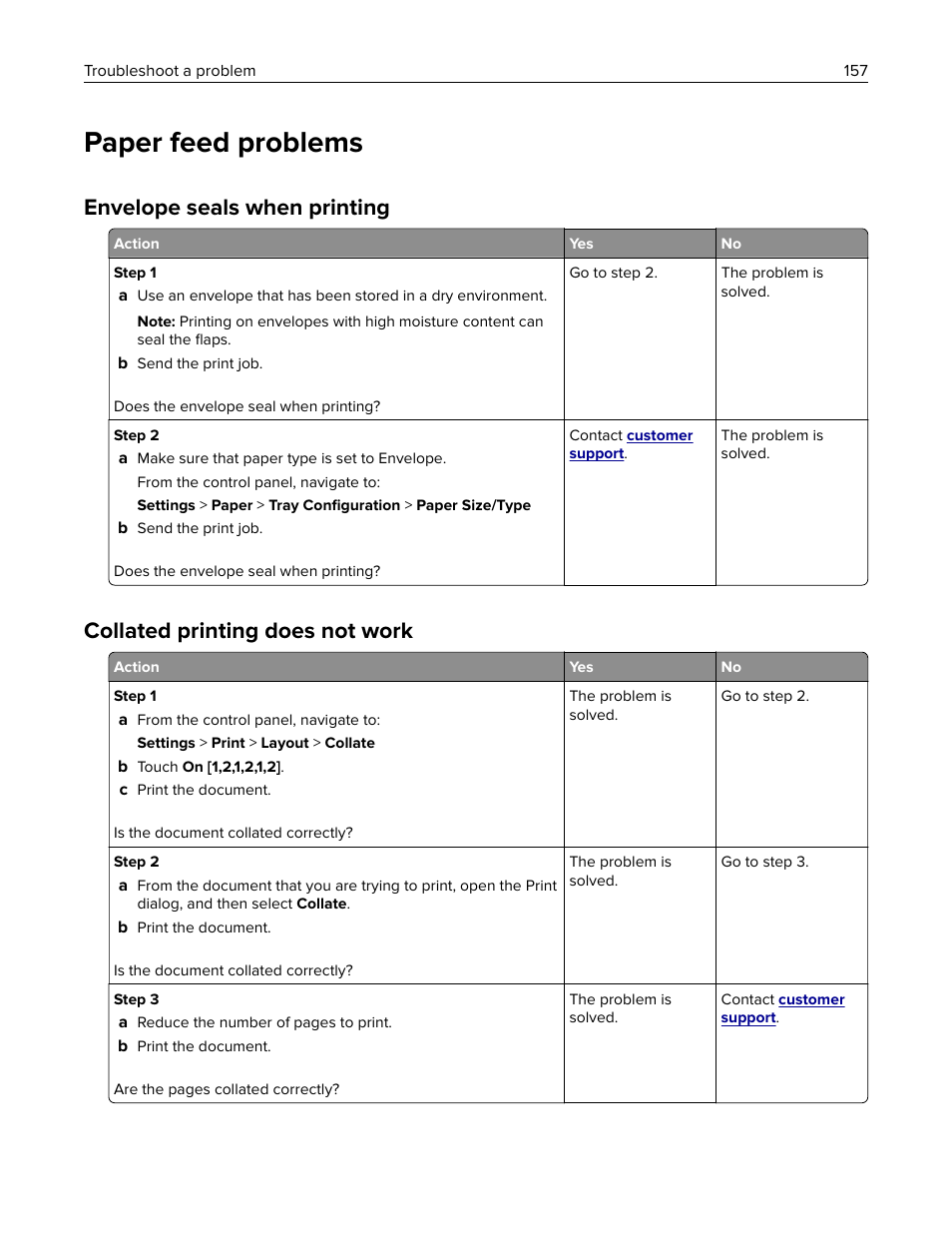 Paper feed problems, Envelope seals when printing, Collated printing does not work | Lexmark MC3224dwe Multifunction Color Laser Printer User Manual | Page 157 / 221