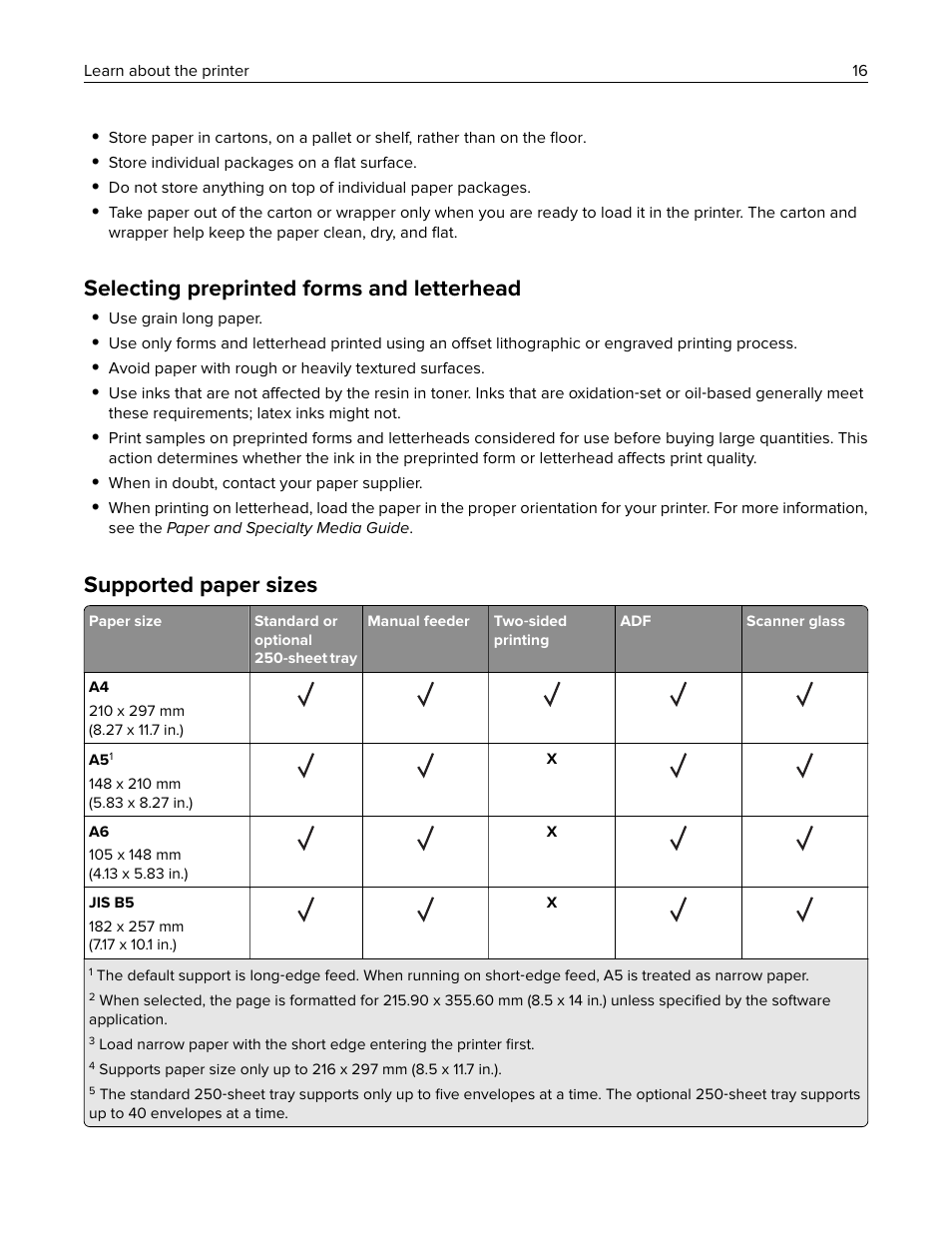 Selecting preprinted forms and letterhead, Supported paper sizes | Lexmark MC3224dwe Multifunction Color Laser Printer User Manual | Page 16 / 221