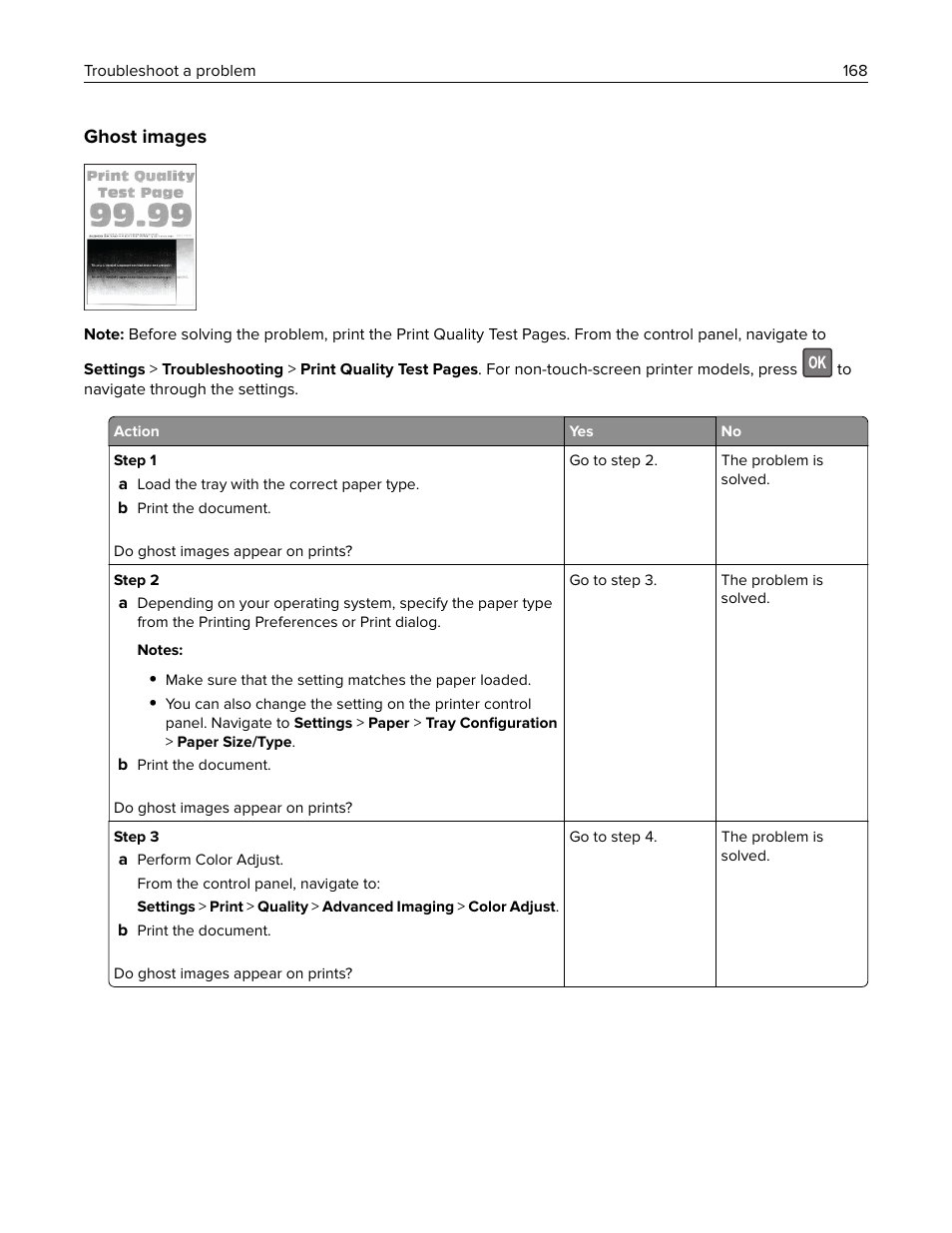 Ghost images | Lexmark MC3224dwe Multifunction Color Laser Printer User Manual | Page 168 / 221