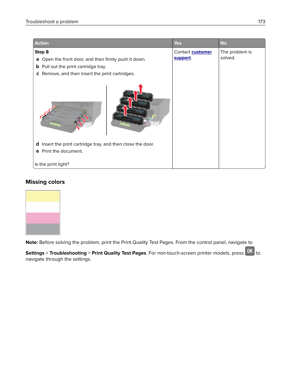 Missing colors | Lexmark MC3224dwe Multifunction Color Laser Printer User Manual | Page 173 / 221