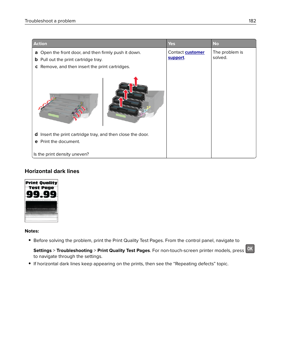 Horizontal dark lines | Lexmark MC3224dwe Multifunction Color Laser Printer User Manual | Page 182 / 221