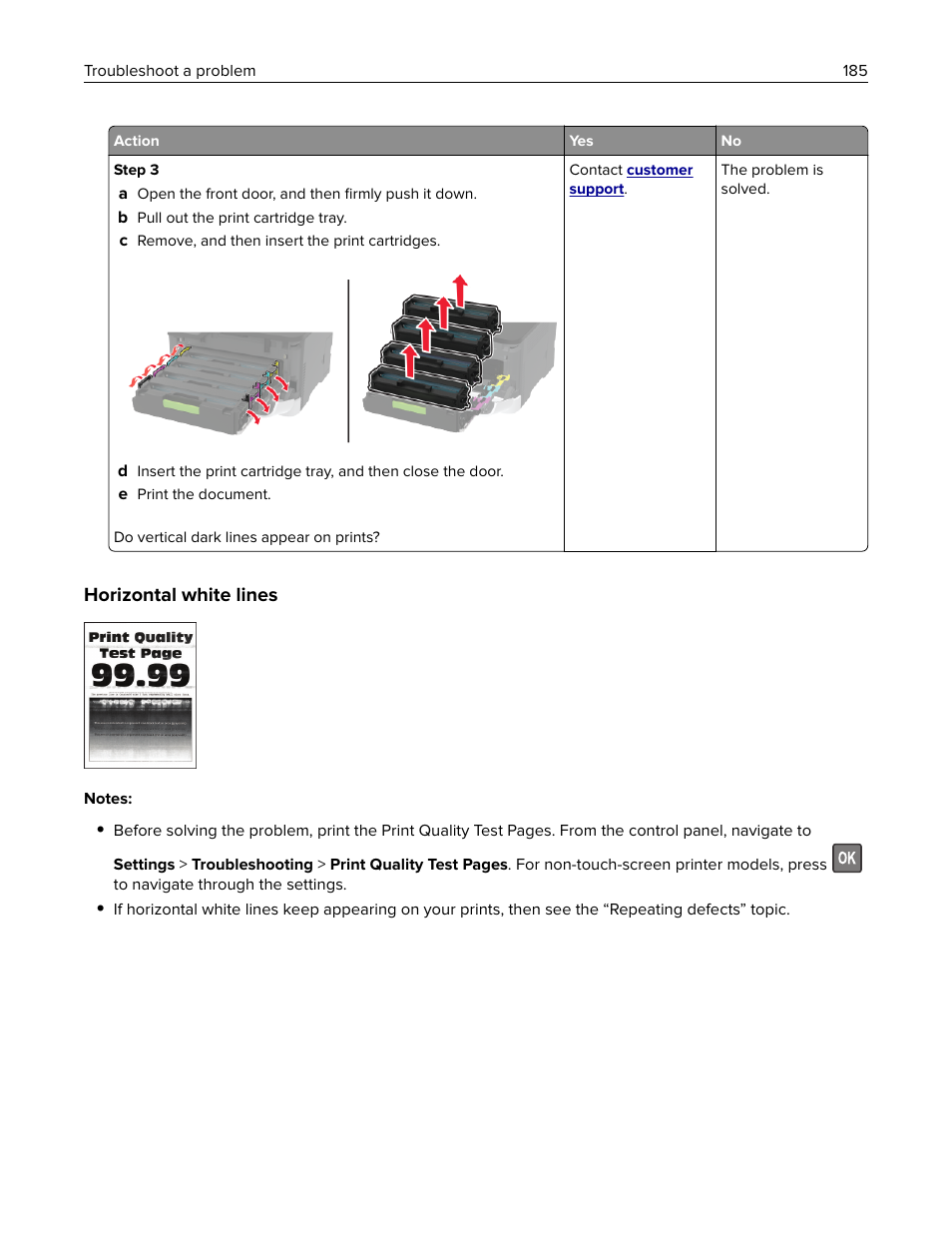 Horizontal white lines | Lexmark MC3224dwe Multifunction Color Laser Printer User Manual | Page 185 / 221