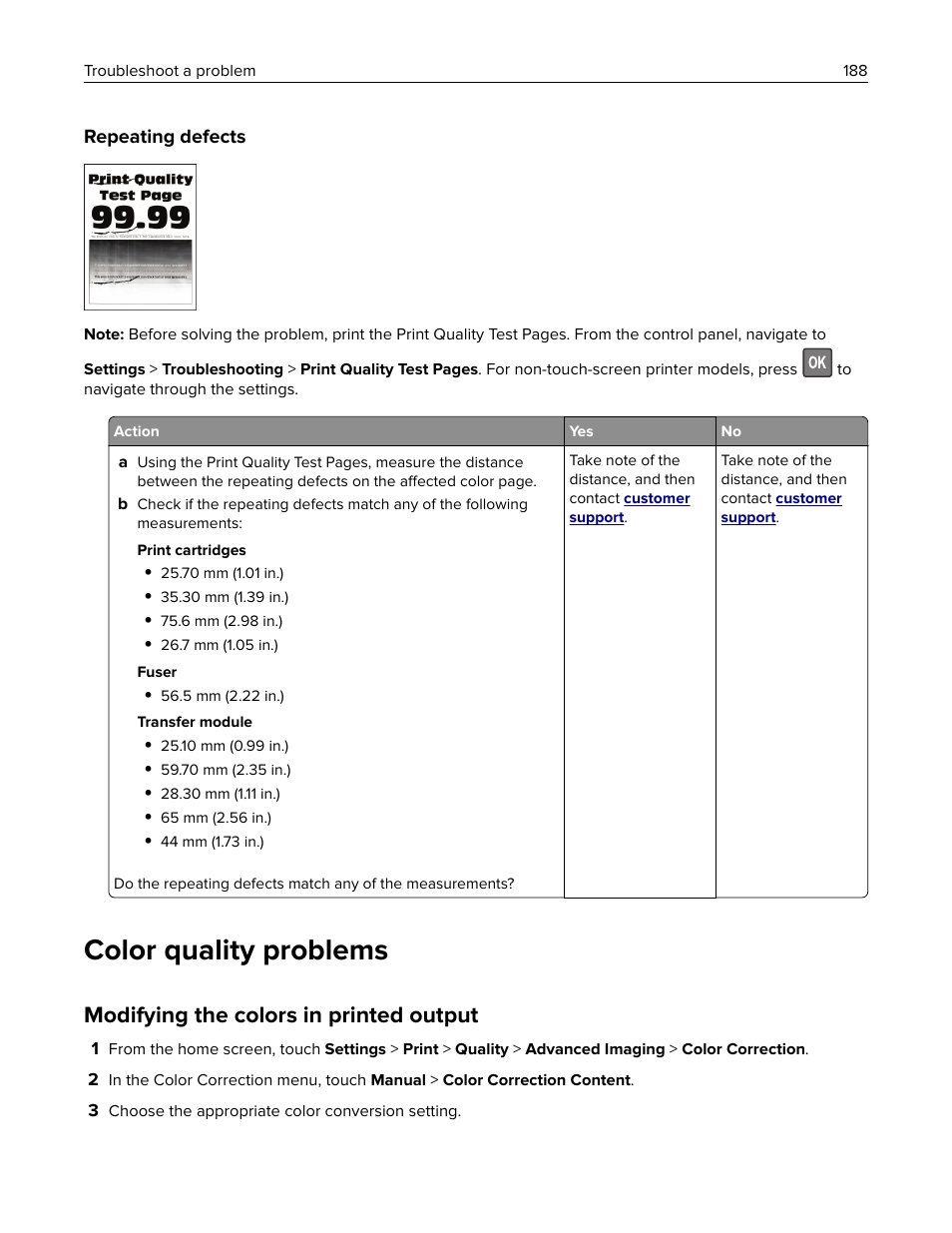 Repeating defects, Color quality problems, Modifying the colors in printed output | Lexmark MC3224dwe Multifunction Color Laser Printer User Manual | Page 188 / 221