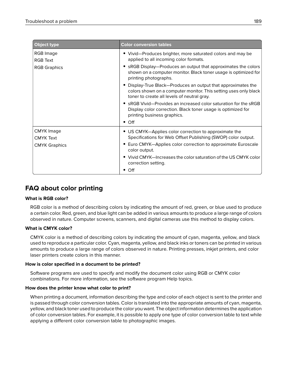 Faq about color printing | Lexmark MC3224dwe Multifunction Color Laser Printer User Manual | Page 189 / 221