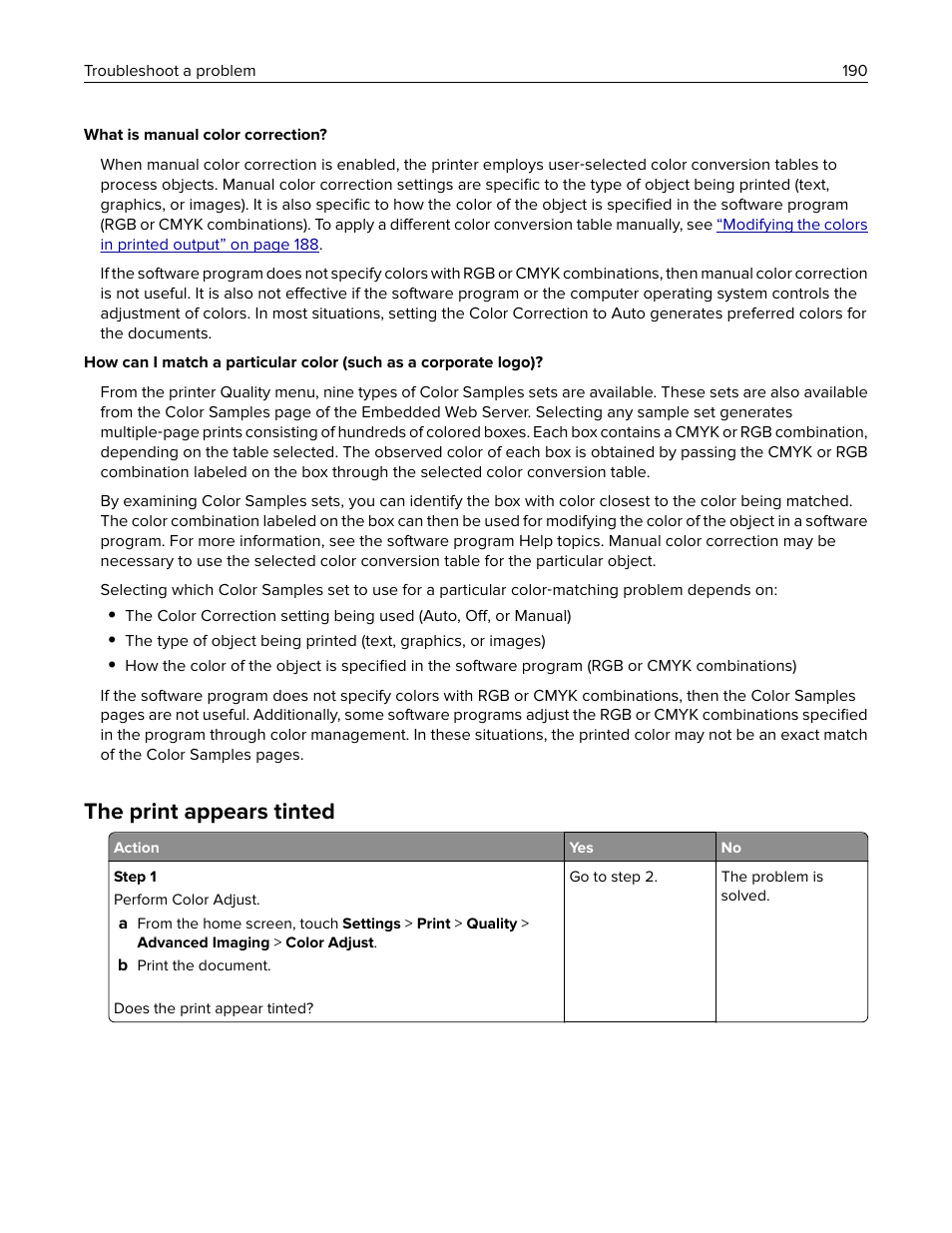 The print appears tinted | Lexmark MC3224dwe Multifunction Color Laser Printer User Manual | Page 190 / 221