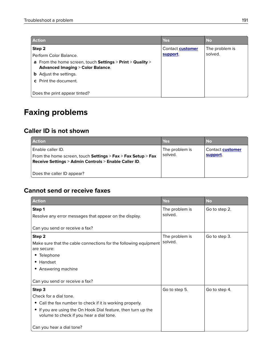 Faxing problems, Caller id is not shown, Cannot send or receive faxes | Lexmark MC3224dwe Multifunction Color Laser Printer User Manual | Page 191 / 221