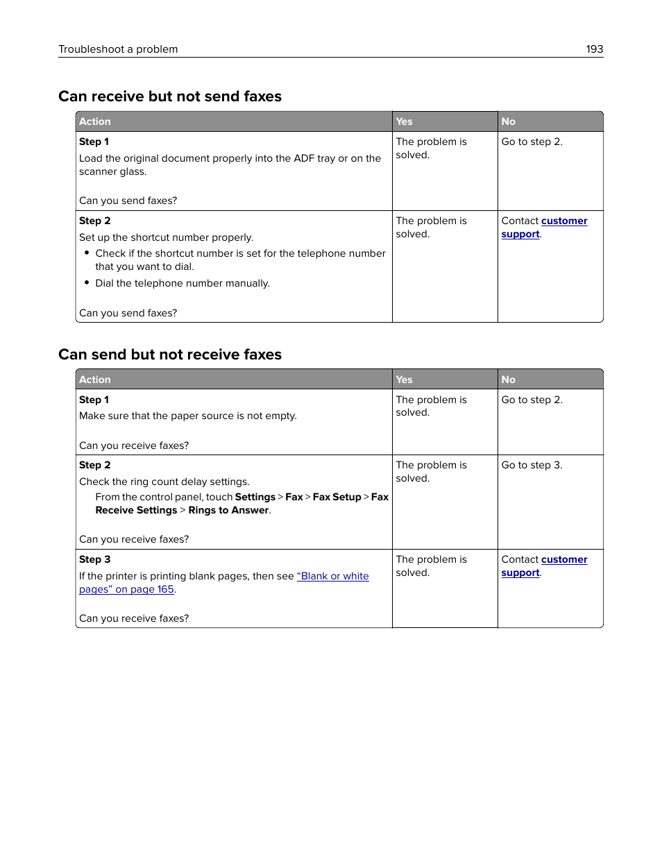 Can receive but not send faxes, Can send but not receive faxes | Lexmark MC3224dwe Multifunction Color Laser Printer User Manual | Page 193 / 221