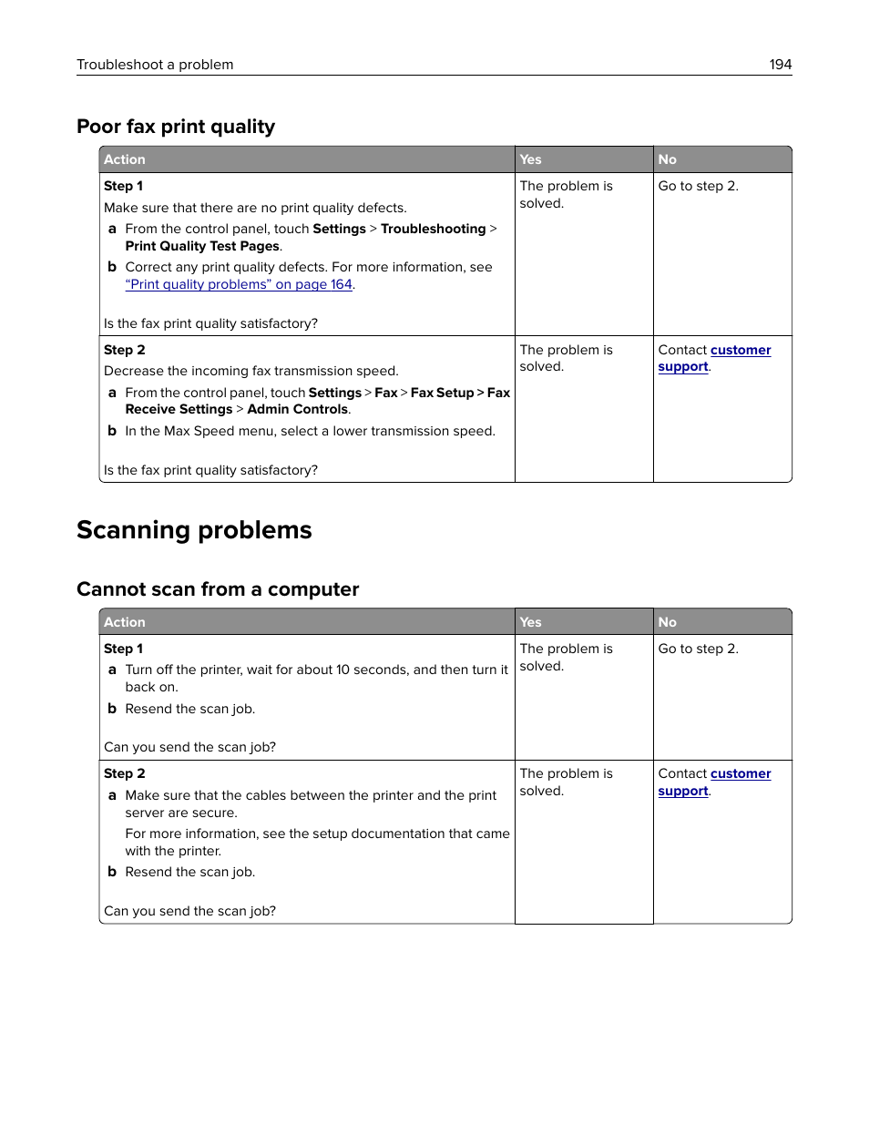 Poor fax print quality, Scanning problems, Cannot scan from a computer | Lexmark MC3224dwe Multifunction Color Laser Printer User Manual | Page 194 / 221