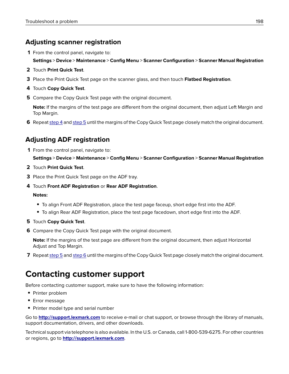 Adjusting scanner registration, Adjusting adf registration, Contacting customer support | Customer, Support | Lexmark MC3224dwe Multifunction Color Laser Printer User Manual | Page 198 / 221