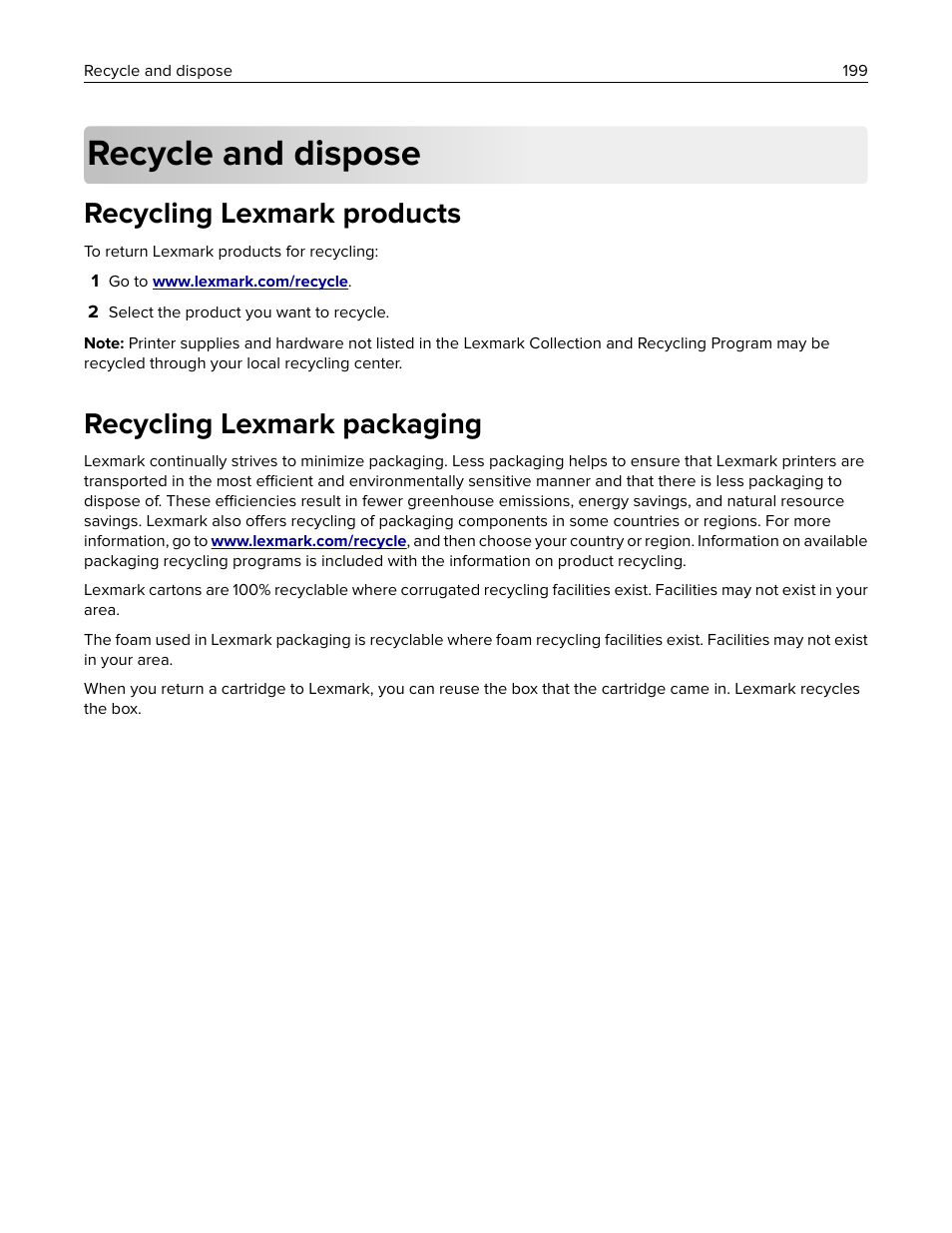 Recycle and dispose, Recycling lexmark products, Recycling lexmark packaging | Lexmark MC3224dwe Multifunction Color Laser Printer User Manual | Page 199 / 221