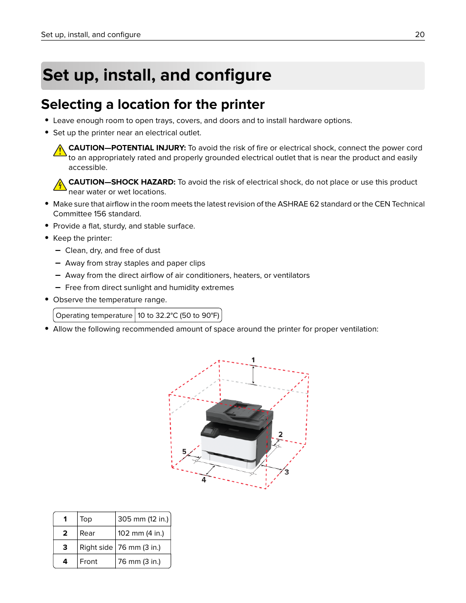 Set up, install, and configure, Selecting a location for the printer, Set up, install, and conﬁgure | Lexmark MC3224dwe Multifunction Color Laser Printer User Manual | Page 20 / 221