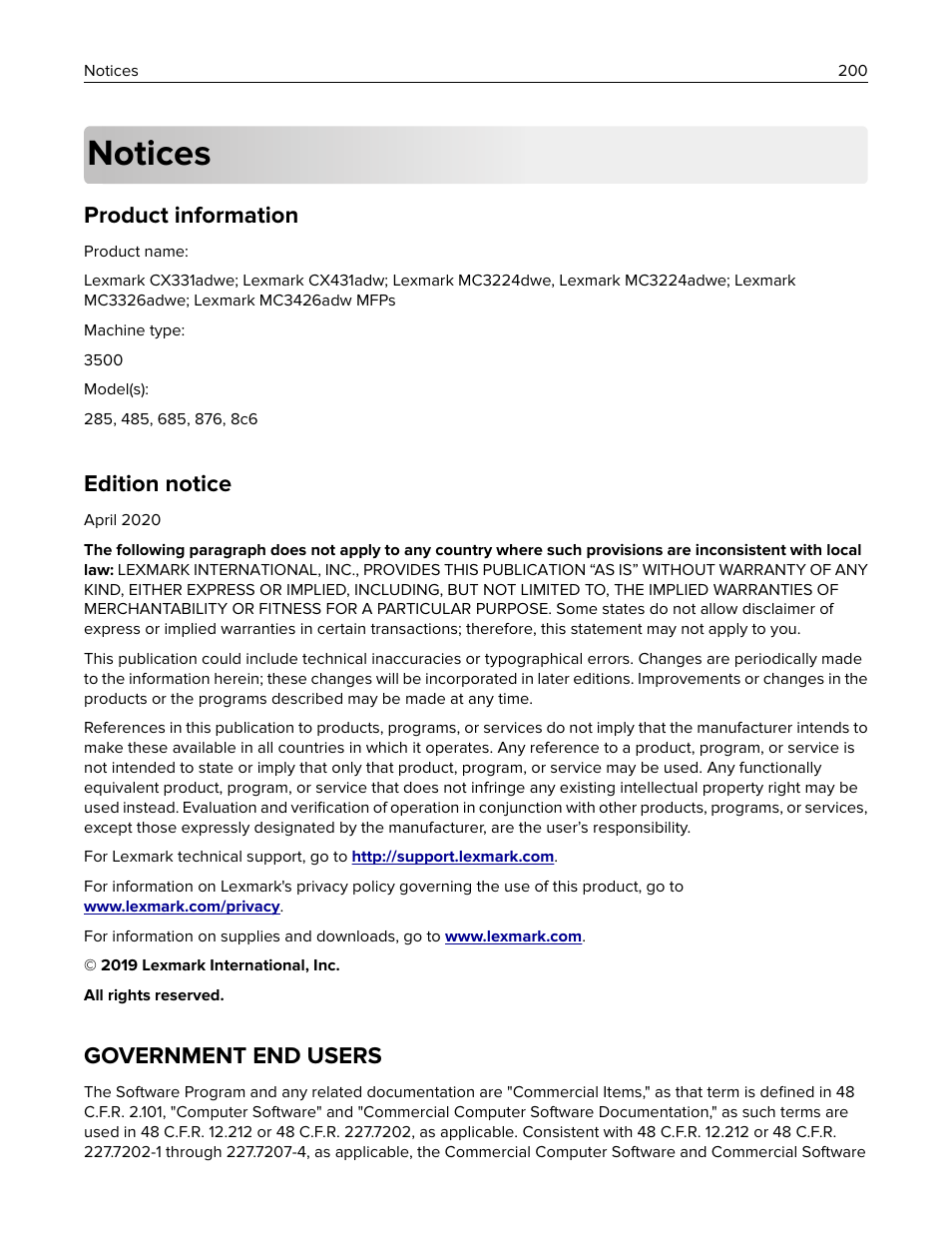 Notices, Product information, Edition notice | Government end users | Lexmark MC3224dwe Multifunction Color Laser Printer User Manual | Page 200 / 221