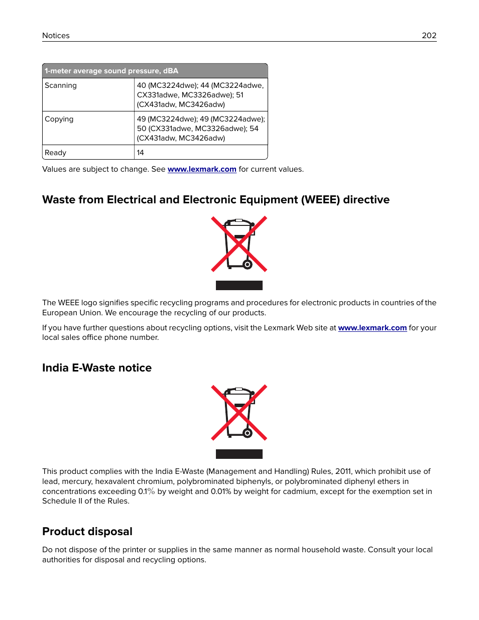 India e-waste notice, Product disposal | Lexmark MC3224dwe Multifunction Color Laser Printer User Manual | Page 202 / 221