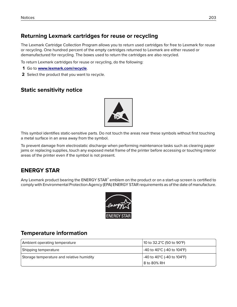 Static sensitivity notice, Energy star, Temperature information | Lexmark MC3224dwe Multifunction Color Laser Printer User Manual | Page 203 / 221