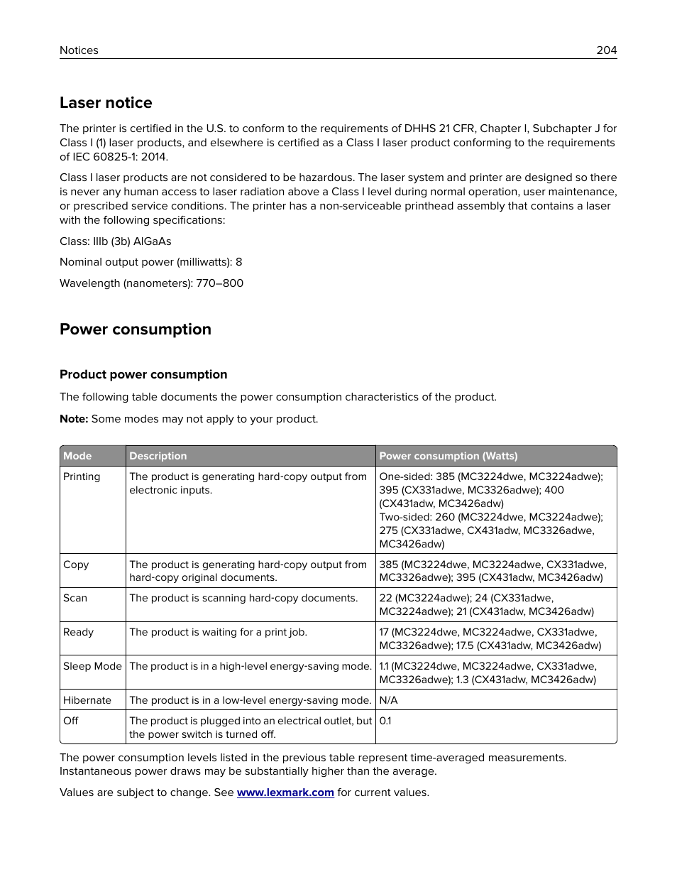 Laser notice, Power consumption, Product power consumption | Lexmark MC3224dwe Multifunction Color Laser Printer User Manual | Page 204 / 221