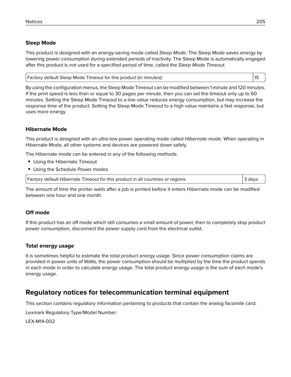 Sleep mode, Hibernate mode, Off mode | Total energy usage | Lexmark MC3224dwe Multifunction Color Laser Printer User Manual | Page 205 / 221