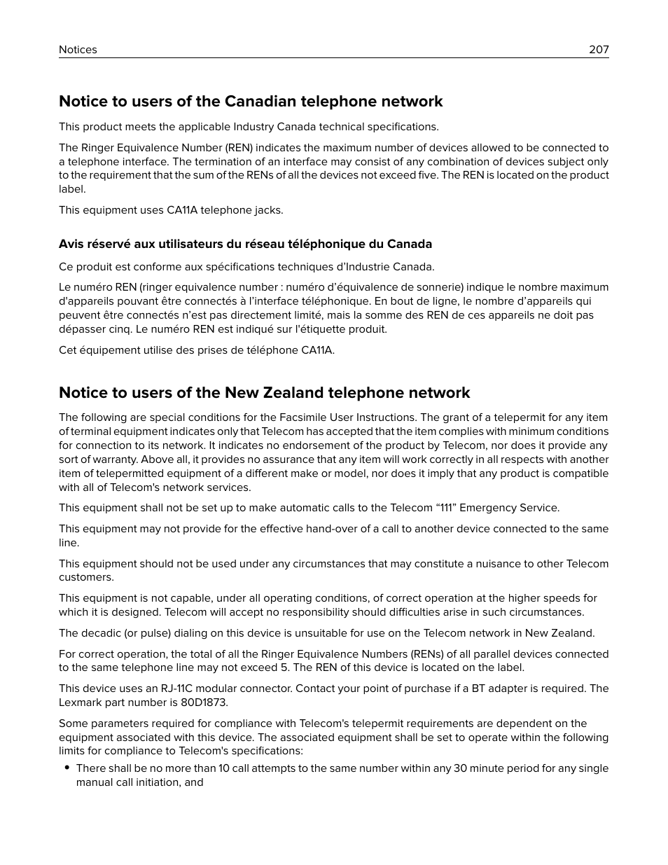 Notice to users of the canadian telephone network | Lexmark MC3224dwe Multifunction Color Laser Printer User Manual | Page 207 / 221