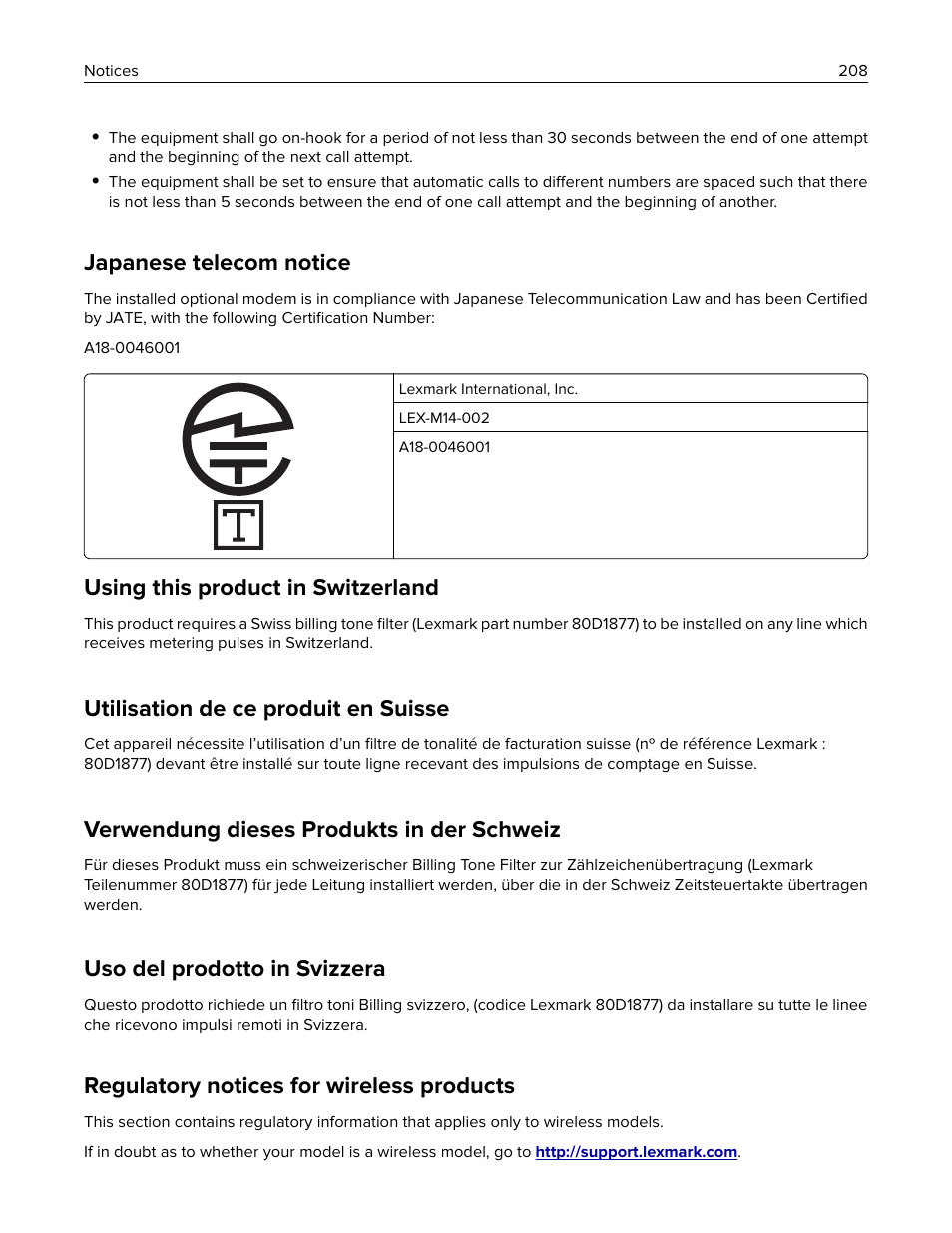 Japanese telecom notice, Regulatory notices for wireless products, Using this product in switzerland | Utilisation de ce produit en suisse, Verwendung dieses produkts in der schweiz, Uso del prodotto in svizzera | Lexmark MC3224dwe Multifunction Color Laser Printer User Manual | Page 208 / 221