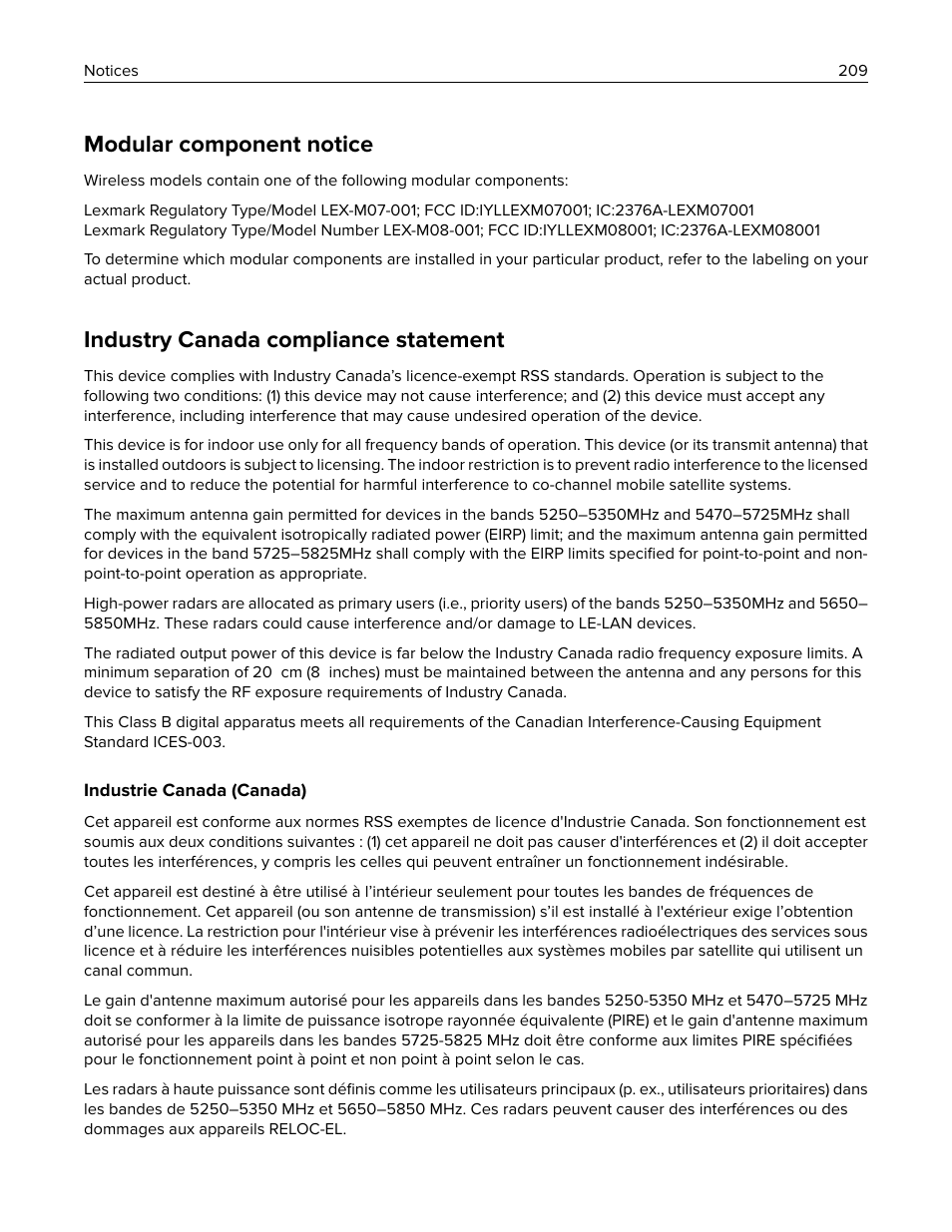 Modular component notice, Industry canada compliance statement | Lexmark MC3224dwe Multifunction Color Laser Printer User Manual | Page 209 / 221