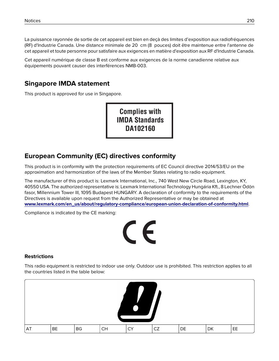 Singapore imda statement, European community (ec) directives conformity | Lexmark MC3224dwe Multifunction Color Laser Printer User Manual | Page 210 / 221